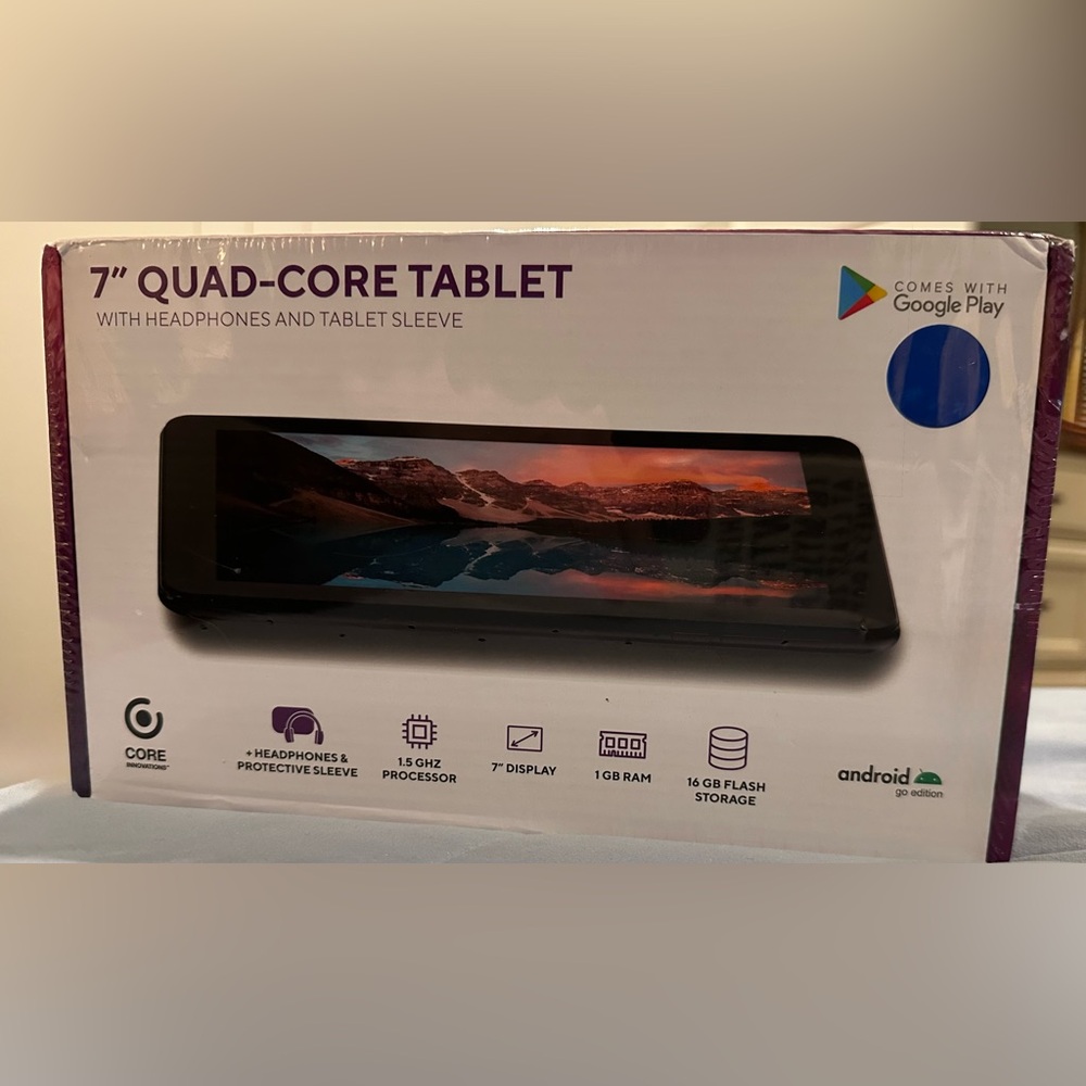 Quad-Core 7" Tablet with Headphones and Sleeve - Blue NEW-Sealed in Box